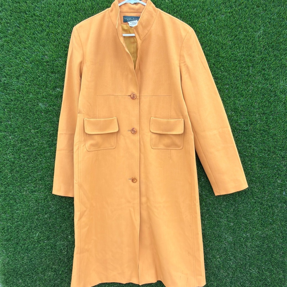 Herve Benard Womens Orange Mandarin Collar Button Front Pea Trench Coat Size 10